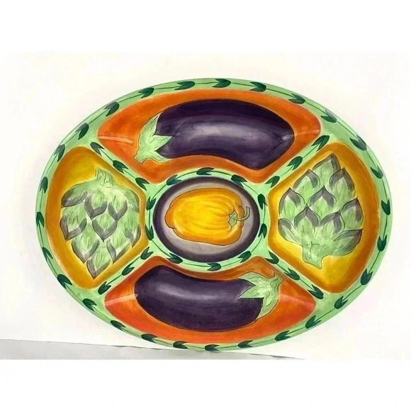 VTG Bright Vegetable Oval Platter 18"X14" Toscano 2001 Hand Painted Clay Art - Picture 8 of 8